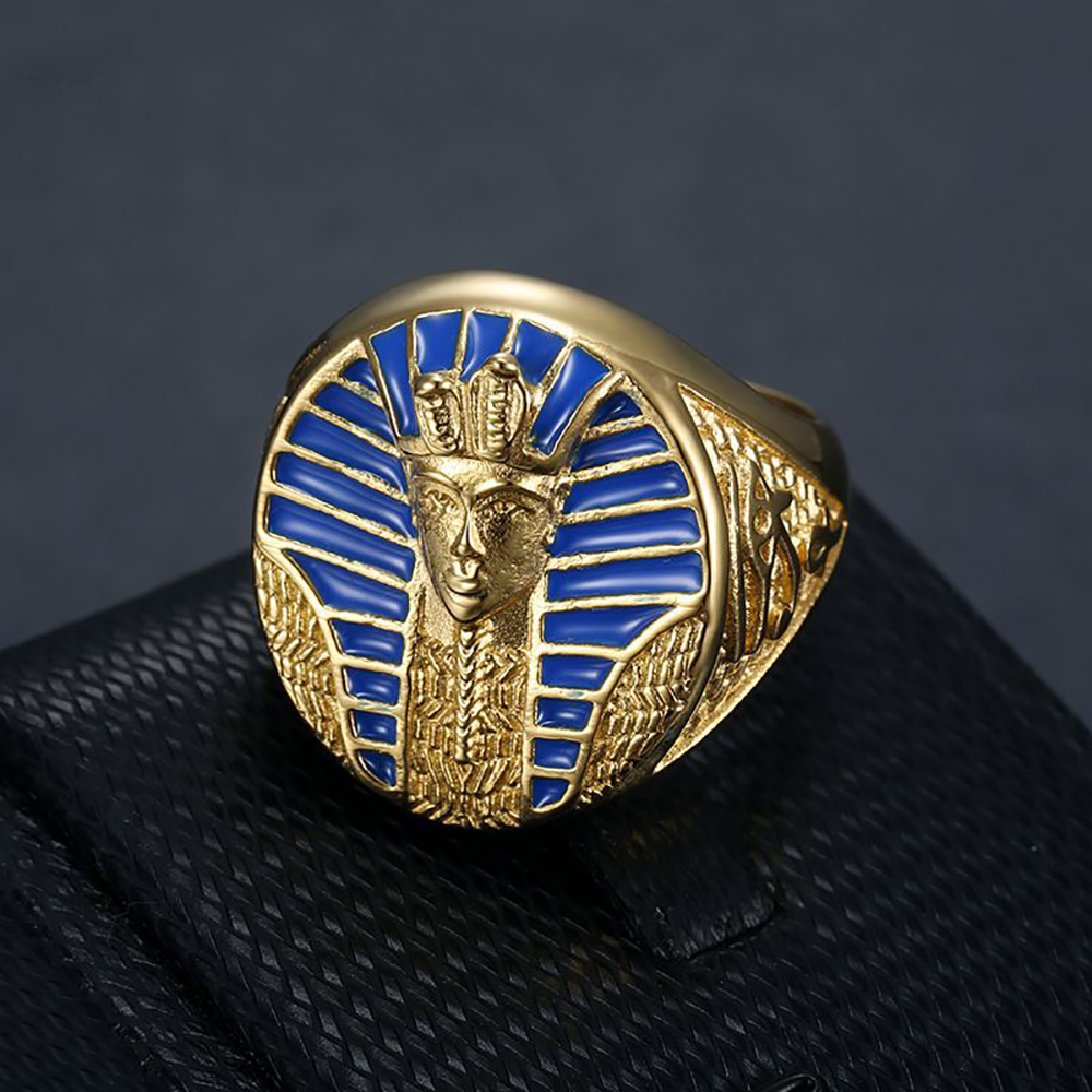 Mens Signet Ring - Hip-Hop Rock Goldfarbener Ägyptischer Pharao-Ring für